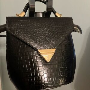 Vintage SASHA Black Croc Embossed Leather Structured Top Handle Bag 80s